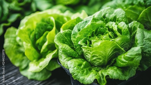 Fresh Green Lettuce Close-Up with Vibrant Leaves in Natural Light on Wooden Surface