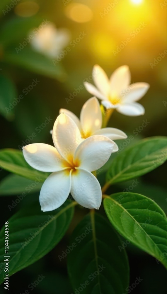 Golden hour illuminates fragrant jasmine blossoms, lush green leaves , botanical, aroma, garden Golden hour illuminates fragrant jasmine blossoms, lush green leaves , botanical, aroma, garden