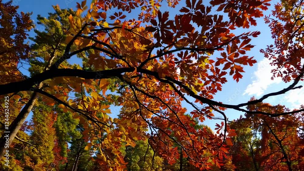 Autumn leaves in vibrant hues of red, orange, and yellow create a mesmerizing display as they gently sway against a clear blue sky in this slow motion sequence Autumn leaves in vibrant hues of red, orange, and yellow create a mesmerizing display as they gently sway against a clear blue sky in this slow motion sequence
