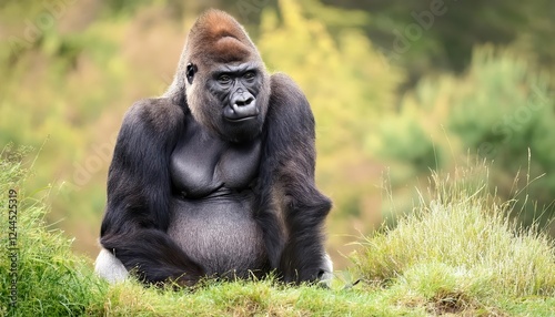 Majestic Eastern Lowland Gorilla Gazing Intently from the Verdant Congolese Forest Floor, A Portrait of Power and Vulnerability in the Wild. photo