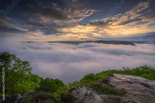 USA, West Virginia, New River Gorge National Park. Sunrise on mountain overlook.