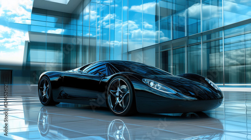 Sleek Black Sports Car Parked in Front of a Modern Glass Building with Its Polished Surface Reflecting the Surrounding Architecture