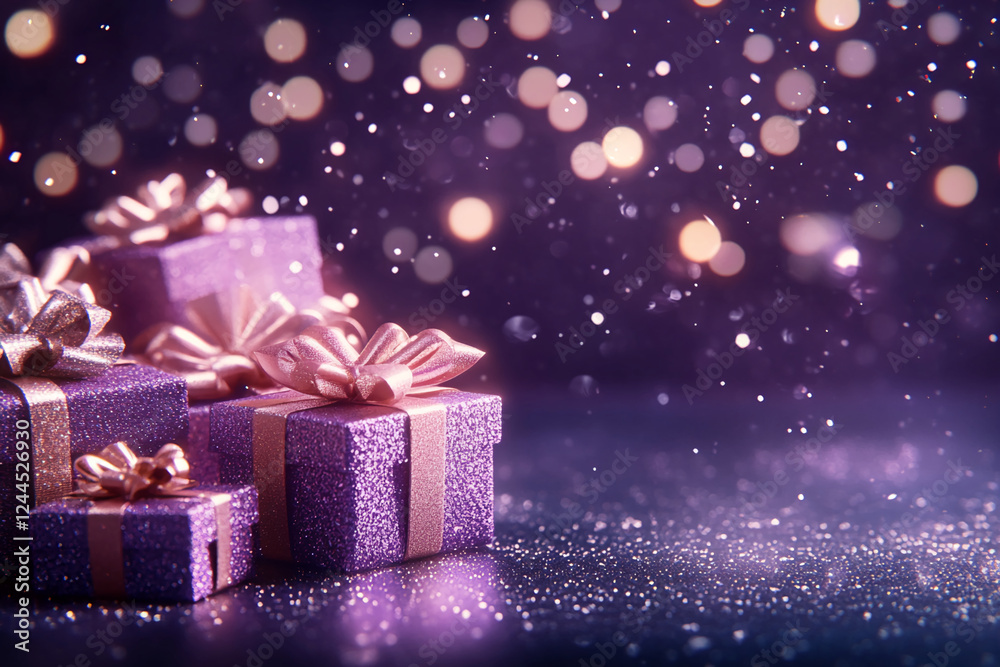 Fototapeta premium Close-up of beautifully wrapped glittering purple gift boxes with metallic pink ribbons, set against a dreamy bokeh background, symbolizing luxury and celebration.