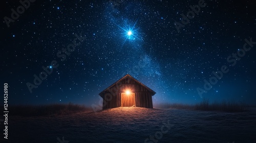 A humble wooden stable glowing under the light of a brilliant star, surrounded by a vast starry night sky, serene and timeless atmosphere 