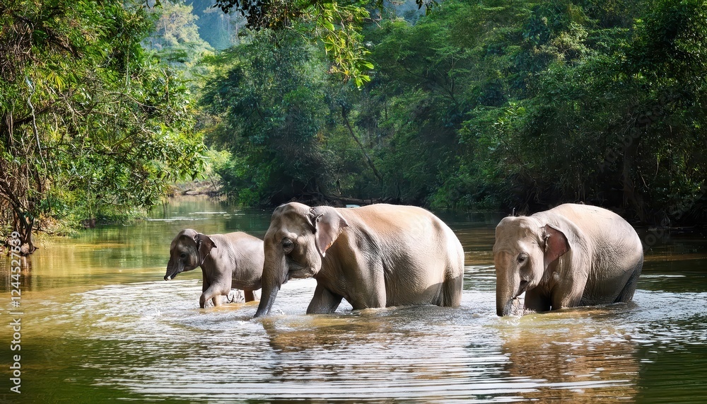 Fototapeta premium Majestic Elephant Family Frolicking in Forest Riverbank, Witness the Joyous Play of a Family of Elephants with Calves Amidst the Lush Greenery and Crystal Clear Waters on a SunKissed Afternoon