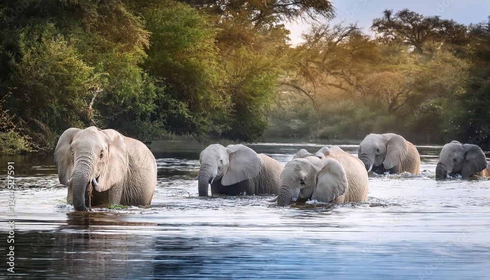 Majestic Elephant Herd Wading through Serene River at Dawn, African Savannahs Peaceful Mood Set by Glistening Dew and Sunlight Majestic Elephant Herd Wading through Serene River at Dawn, African Savannahs Peaceful Mood Set by Glistening Dew and Sunlight