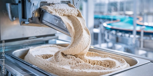 Fototapeta Naklejka Na Ścianę i Meble -  Industrial Ice Cream Production: Vanilla Base Being Poured. Fresh vanilla ice cream mixture being dispensed from industrial machinery into a stainless steel container in a modern ice cream factory.