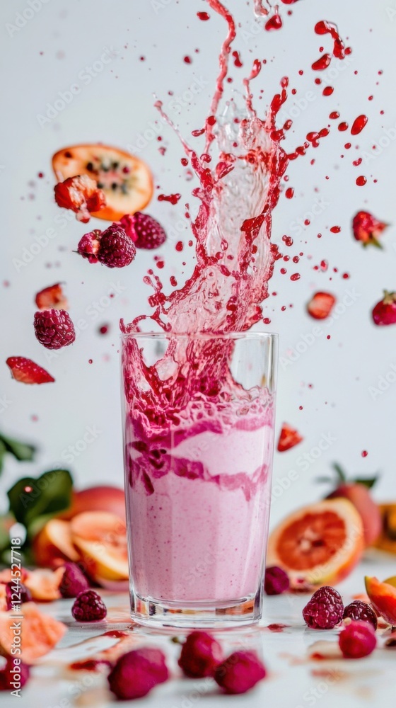Vibrant smoothie pouring into glass with fresh fruit splashes on white background Vibrant smoothie pouring into glass with fresh fruit splashes on white background