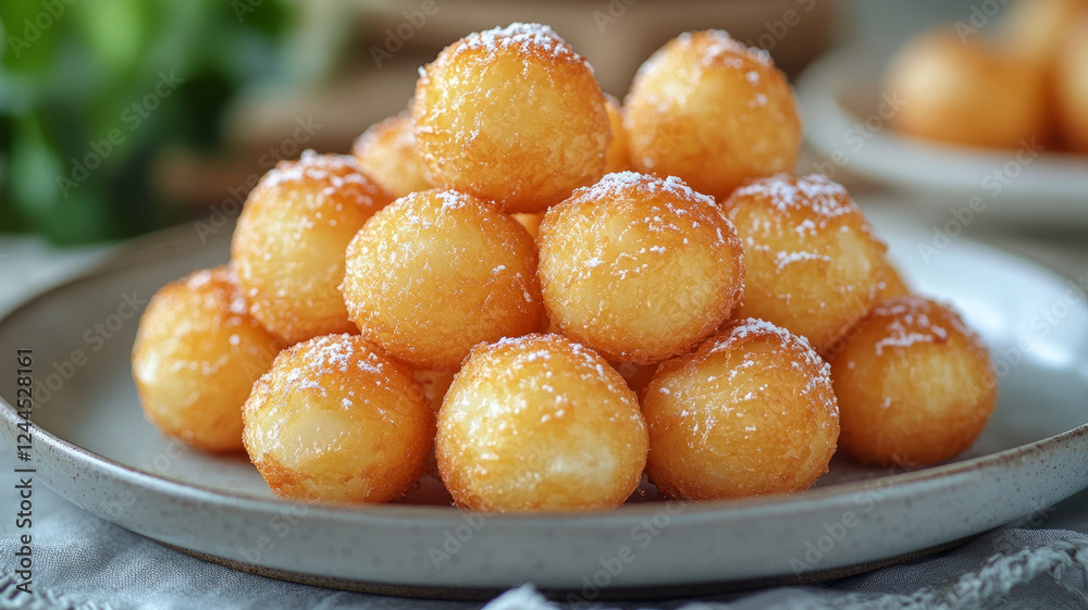 Stack of golden doughnut balls on a plate. Stack of golden doughnut balls on a plate.