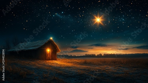 A humble stable glowing with warm golden light under the vast expanse of a starry sky, a radiant star shining brightly overhead 