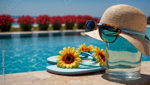 Flip flops, sunglasses, big women's hat, flowers, cell phone, arranged near the pool with clear water