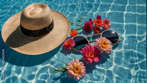 Flip flops, sunglasses, big women's hat, flowers, cell phone, arranged near the pool with clear water