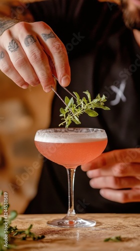 Bartender enhances cocktail with fresh herbs under vibrant bar lighting