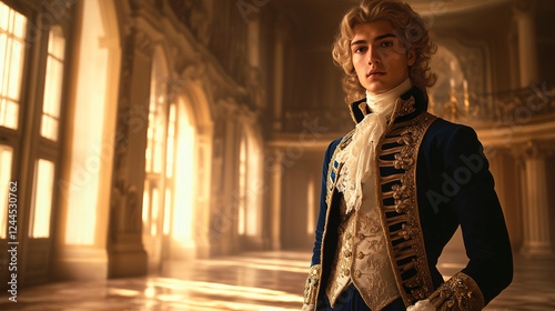 Refined aristocrat in deep blue coat with golden embroidery standing in opulent hall at golden hour