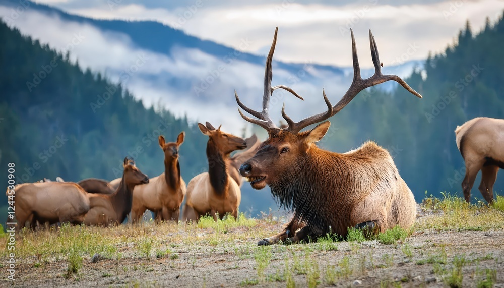 Majestic Elk Bull Resting Among a Bountiful Wildlife Haven in a Serene Winter Forest Landscape, Capturing Tranquility and Harmony with Nature Majestic Elk Bull Resting Among a Bountiful Wildlife Haven in a Serene Winter Forest Landscape, Capturing Tranquility and Harmony with Nature
