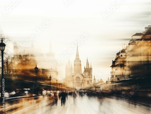 Blurred motion of a historic city street with cathedral in the background
