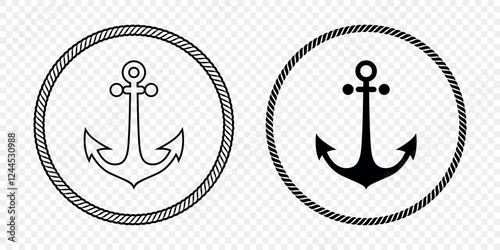Black and White Anchor Icon Set. Flat Vector Monochrome Anchor Shapes in Circular Rope Frame. Nautical Anchor Symbols, Marine Rope Border Design. Vector Illustration