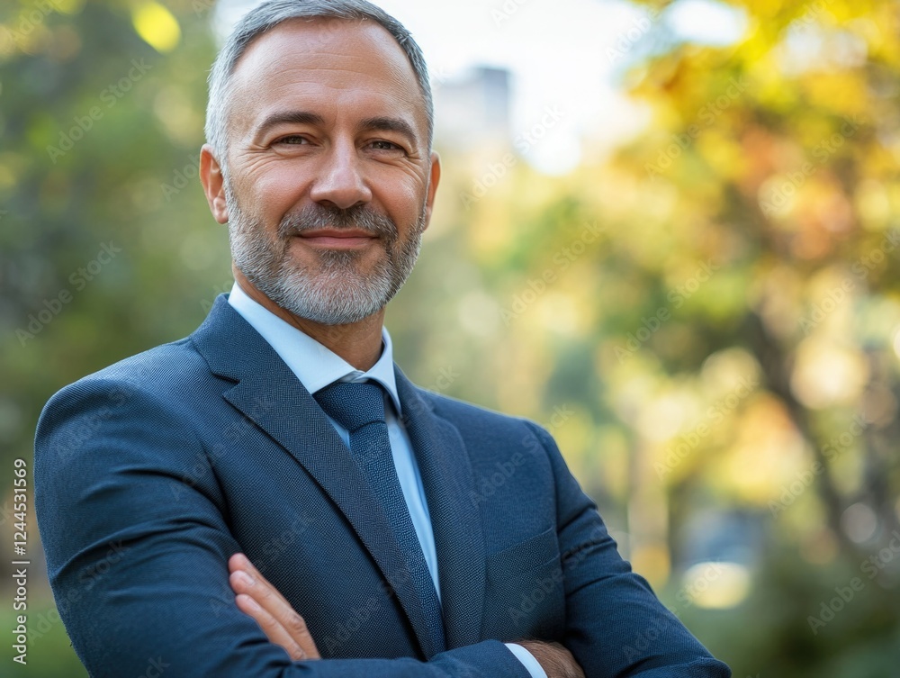 The image shows a man standing outdoors, dressed in business attire - suit and tie with a patterned shirt. He has facial hair and is smiling, giving off a friendly and approachable vibe. The The image shows a man standing outdoors, dressed in business attire - suit and tie with a patterned shirt. He has facial hair and is smiling, giving off a friendly and approachable vibe. The