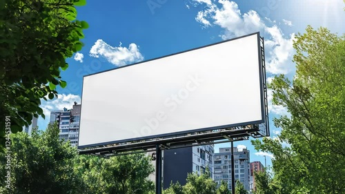 Urban nature harmony: blank billboard transitioning amidst city and trees
