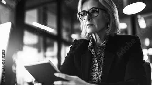 A businesswoman in a professional setting, deeply focused on her tablet.