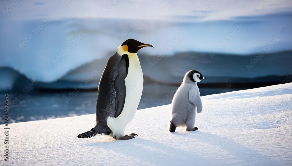 Fototapeta premium Striking Emperor Penguin Family Treading on Snowy Antarctic Peninsula at Twilight, Majestic Creatures in Arctic Winterscape