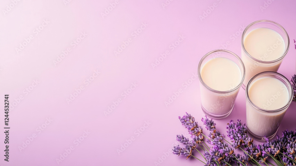 Three glasses of milk with lavender on a purple background. Three glasses of milk with lavender on a purple background.