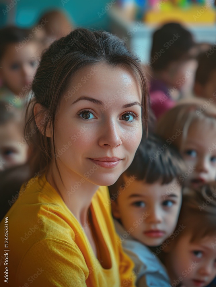 A woman looking at a group of students, possibly in a classroom setting. A woman looking at a group of students, possibly in a classroom setting.