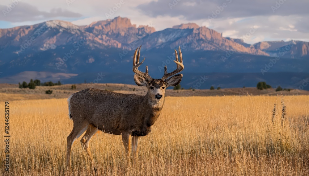 Fototapeta premium Vigilant Mule Deer Buck amidst the Prairie Grasslands, Sunsets Glow Bathes Eastern Slope, Natures Tranquility Captured in a Serene Moment