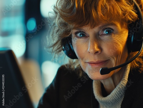 A woman in a headset, appearing concentrated or engaged in conversation or work. The image has a vintage quality and is likely used for stock imagery related to customer service, call centers, or photo