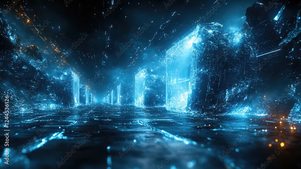 A futuristic corridor with glowing ice-like structures and a reflective surface. A futuristic corridor with glowing ice-like structures and a reflective surface.