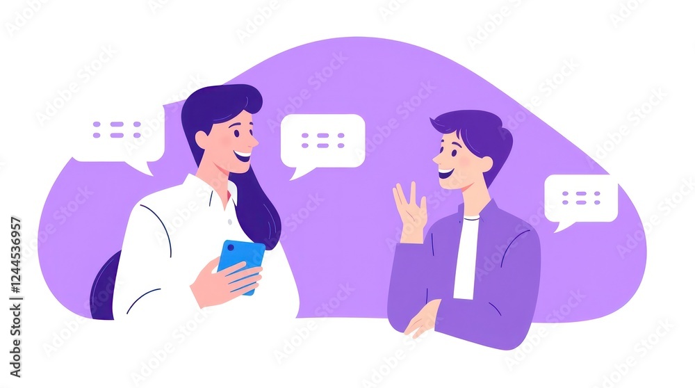 Fototapeta premium Two friendly professionals in a business discussion, one holding a notepad with a visible speech bubble, minimal background