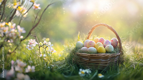 Cozy spring picnic scene set in a sunlit garden, featuring a wicker basket filled with Easter eggs, fresh flowers, and a soft checkered blanket