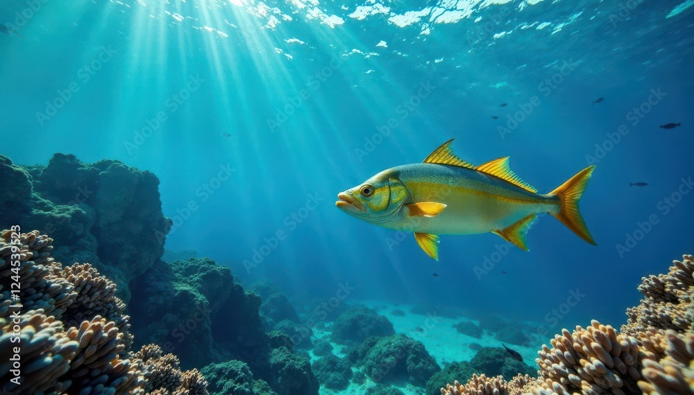 Fototapeta premium Un oceano azul con un pescado dorado nadando cerca de la superficie, peces, agua cristalina, oc?ano