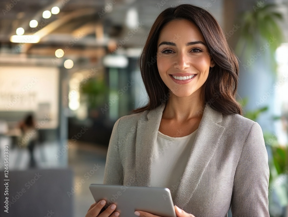 This image portrays a woman who exudes confidence and positivity. She is dressed professionally, wearing a stylish blazer, which suggests her commitment to her career. The setting is a modern office This image portrays a woman who exudes confidence and positivity. She is dressed professionally, wearing a stylish blazer, which suggests her commitment to her career. The setting is a modern office