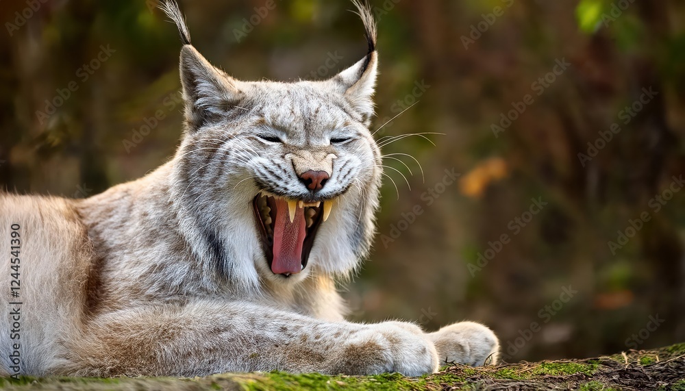 Fototapeta premium Striking European Lynx, Felis Lynx, in a Moody Forest Landscape, Captured MidYawn at Twilight