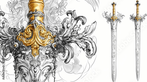 Ornate medieval-style sword, silver and gold. Fantasy Armory & Weapons. Illustration photo