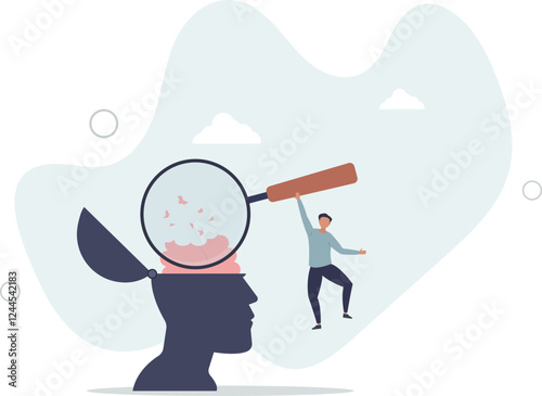 Amnesia losing memory, brain dementia, alzheimer disease, mental illness, thinking or remember disorder, psychology or anxiety concept.flat characters.
