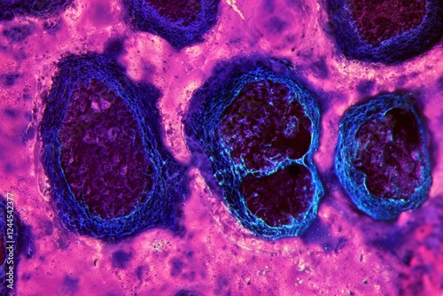 cells flowing through a microscope, blood cancer tumor growth. Endocrine, abstract, disease. Oncology research testing, treatments and cures. Macro close up image.