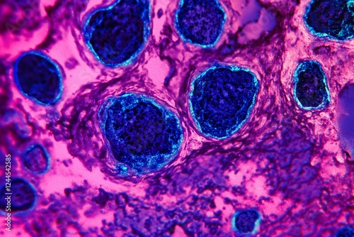 cells flowing through a microscope, blood cancer tumor growth. Endocrine, abstract, disease. Oncology research testing, treatments and cures. Macro close up image.