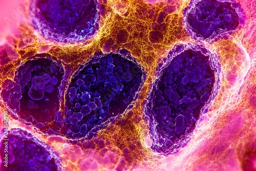 cells flowing through a microscope, blood cancer tumor growth. Endocrine, abstract, disease. Oncology research testing, treatments and cures. Macro close up image. photo