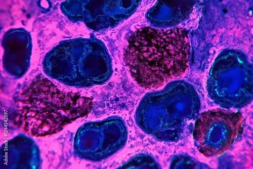 cells through microscope, blood cancer tumor growth. Endocrine, abstract, disease. Oncology research testing, treatments and cures. Macro close up image.