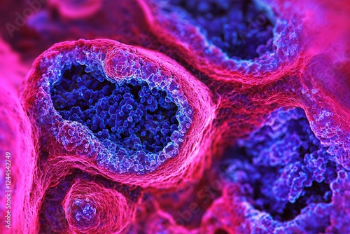 cells flowing through a microscope, blood cancer tumor growth. Endocrine, abstract, disease. Oncology research testing, treatments and cures. Macro close up image.