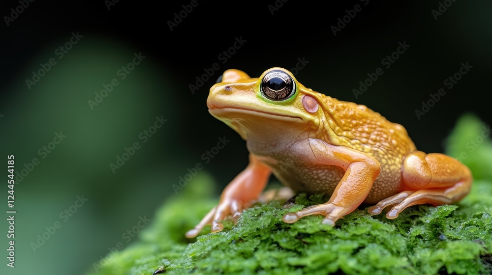 This close-up shot captures an adorable orange frog on a moss-covered rock, showcasing its unique texture and vibrant colors in a serene natural setting. This close-up shot captures an adorable orange frog on a moss-covered rock, showcasing its unique texture and vibrant colors in a serene natural setting.