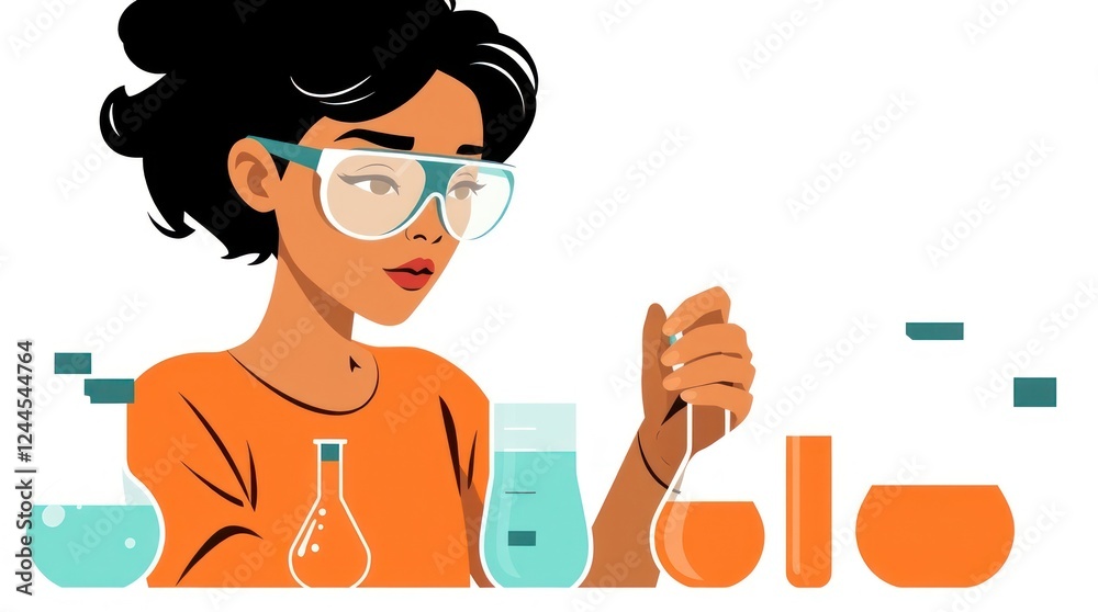 illustration of a female scientist in a lab coat conducting experiments with colorful test tubes and beakers illustration of a female scientist in a lab coat conducting experiments with colorful test tubes and beakers