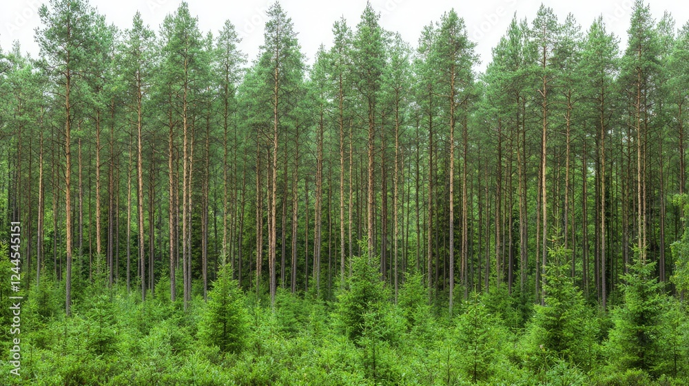 Dense pine forest, overcast sky, nature background, ideal for website design Dense pine forest, overcast sky, nature background, ideal for website design