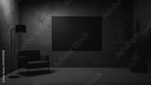 Wallpaper Mural This image depicts a contemporary living room with a monochromatic color scheme, featuring dark gray walls and contrasting white accents. The room is furnished with minimalist furniture, including a Torontodigital.ca