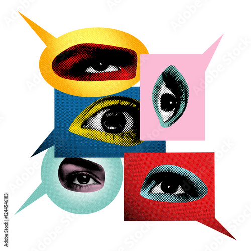 Abstract art collage. Multiple eyes in speech bubbles depict observation, curiosity, and exchange of perspectives, capturing essence of visual communication and perception. Concept of sharing ideas.