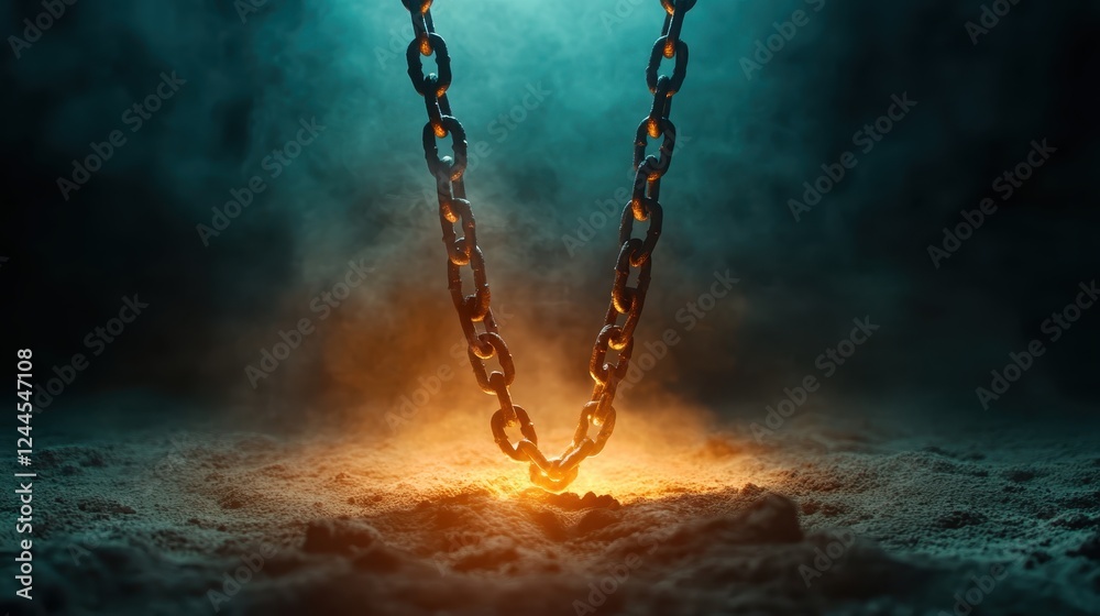 Mysterious chains hang in a dimly lit environment, illuminated by an eerie glow, symbolizing constraints and confinement while evoking a dramatic and moody atmosphere. Mysterious chains hang in a dimly lit environment, illuminated by an eerie glow, symbolizing constraints and confinement while evoking a dramatic and moody atmosphere.