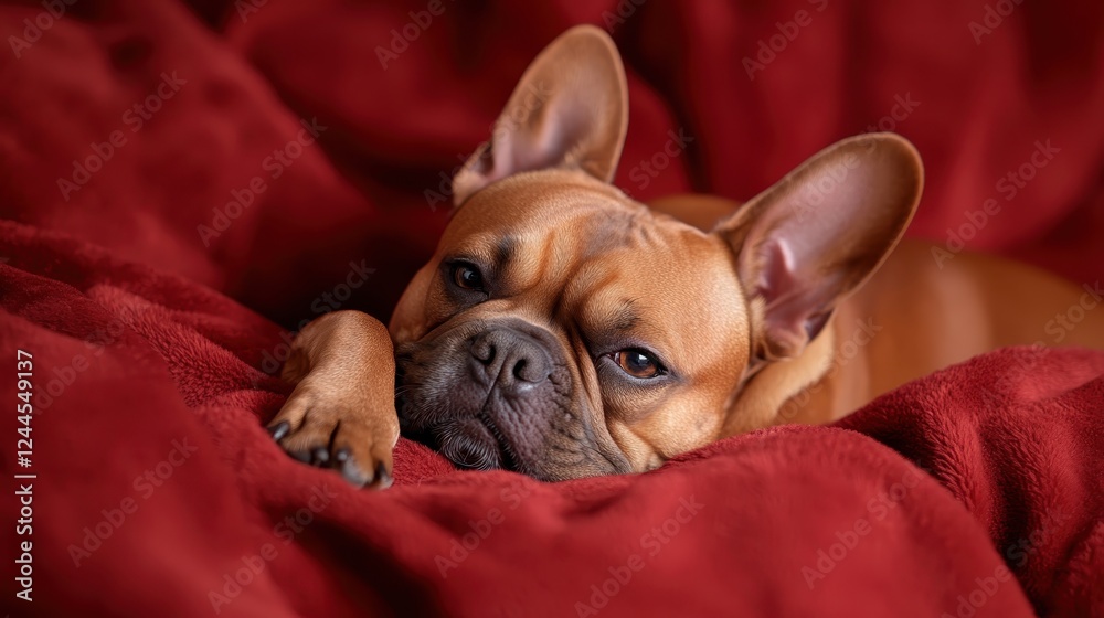 A relaxed French Bulldog lying on a rich red blanket, effortlessly symbolizing comfort and warmth, perfectly encapsulating the coziness of home life and companionship. A relaxed French Bulldog lying on a rich red blanket, effortlessly symbolizing comfort and warmth, perfectly encapsulating the coziness of home life and companionship.