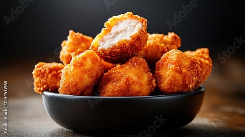 A tempting assortment of golden-brown chicken nuggets served in a sleek black bowl, highlighting their crunchy texture and appealing presentation for food lovers. photo